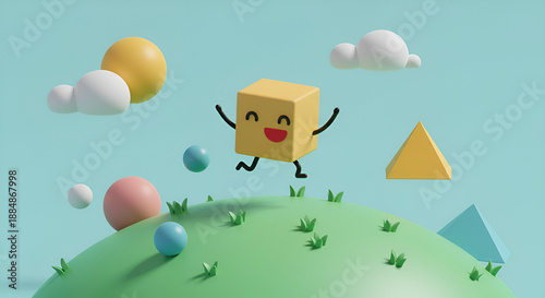Cute 3D cube character jumping on a green hill with geometric shapes and blue sky, colorful minimal style, perfect for creative concepts, education, kids design, and playful visuals.
