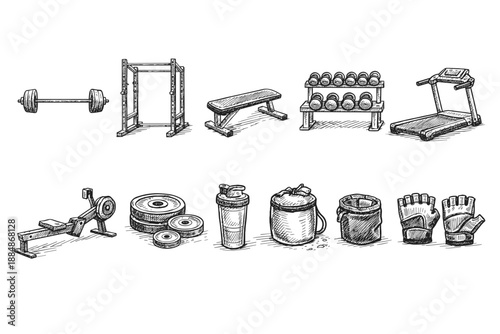 Fitness, gym equipment sketch icon set. Hand-drawn, outline style gym tools collection