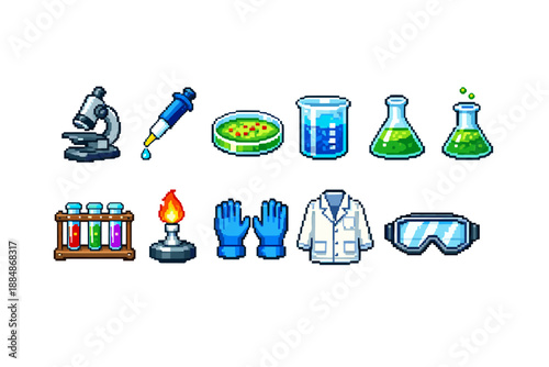 Science laboratory pixel icon set. Experiment, lab equipment pixel art collection