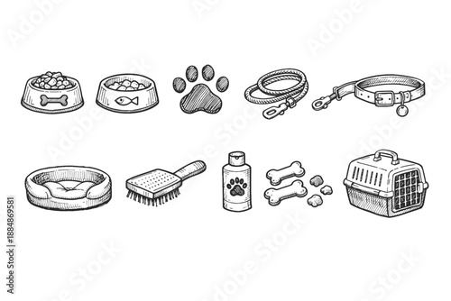 Pet care outline icon set. Dog, cats, food, grooming, essential animal icons collection