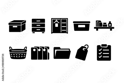 Home organization solid icon set. Storage solutions, container icons for neat spaces.