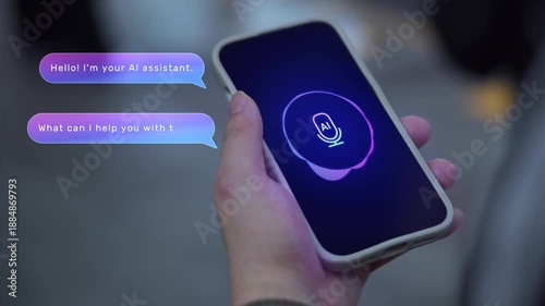 Person using personal AI agent assistant in the city, voice recognition artificial intelligence chat app dialogue screen, smartphone text to speech chatbot, smart customer service support technology