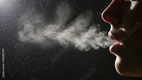Close-up of person exhaling vapor against dark background