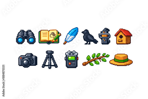 Birdwatching, nature exploration 3d icon set. Adventure, wildlife, outdoors symbols pack