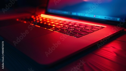 A photo of a sleek gaming laptop with RGB light