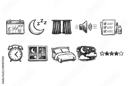 Sleep and relaxation sketch icon set. Bedtime, rest, planning outline collection