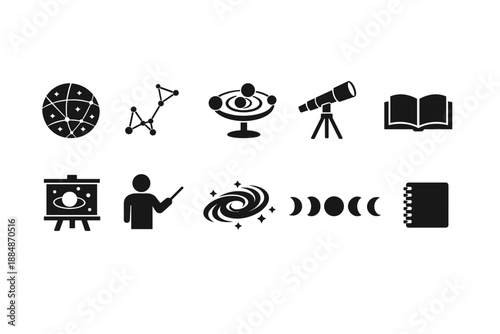 Astronomy silhouette icon set. Planet, telescope, space, science, cosmos, celestial symbols.