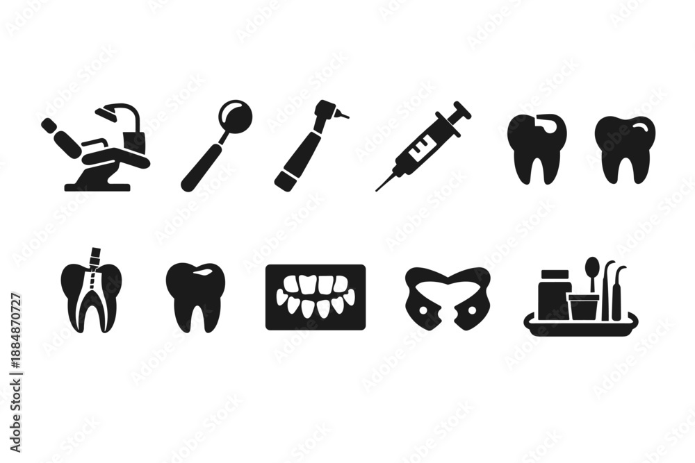 Obraz premium Dental care silhouette icon set. Dentistry, oral hygiene silhouette icons collection