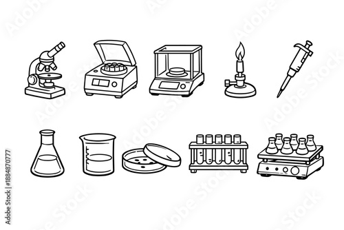 Science lab linear icon set. Laboratory research equipment outline collection