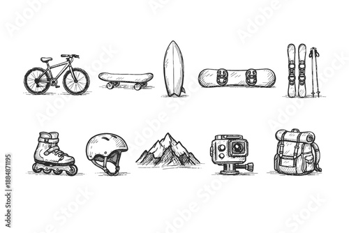 Adventure, sports sketched icon set. Outdoor, activity, travel, sketch style icons collection