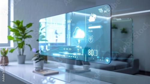 A photo of a smart mirror displaying weather