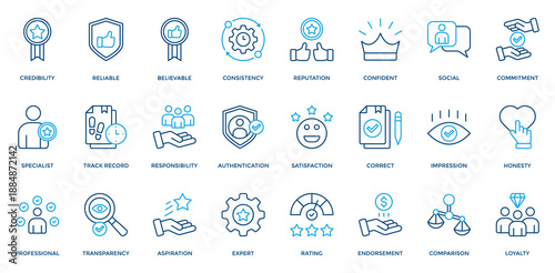 Credibility icon set. Containing  reliable, believable, consistency, reputation, track record, professional, loyalty icon. Outline Color style