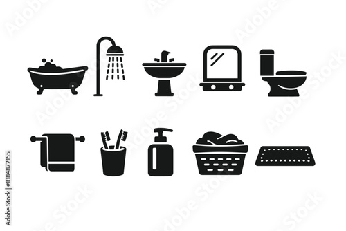 Bathroom essentials solid icon set. Bath, shower, toilet, hygiene icons collection