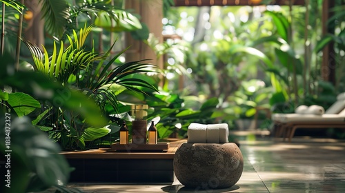 A photo of a spa relaxation area with greenery.