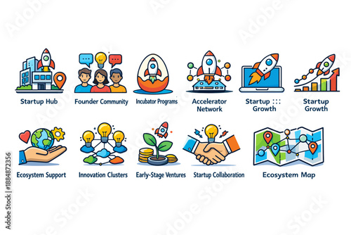 Startup and innovation flat icon set. Entrepreneur, business strategy icons collection