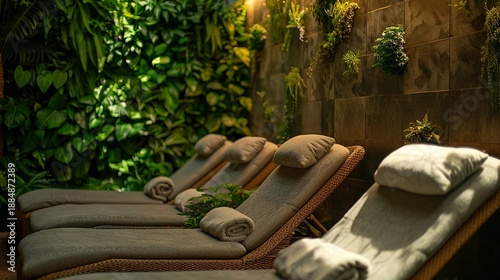 A photo of a spa relaxation area with greenery. ,