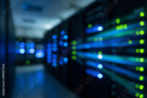 Wallpaper Mural Blurred server room with blue and green lights, suggesting technology and data Torontodigital.ca