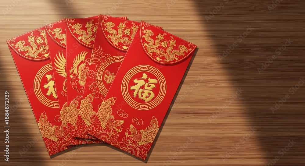 Fototapeta premium Chinese red envelopes with golden designs on wooden surface