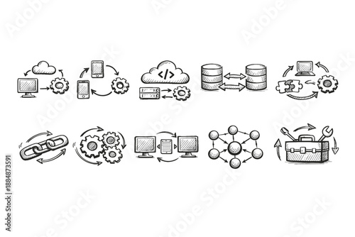 Cloud computing, data integration sketched icon set for it systems in hand-drawn style