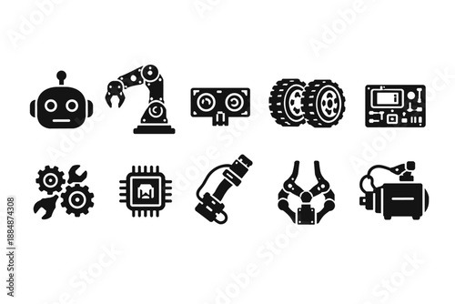 Robotics and automation solid icon set. Machinery and ai tools collection