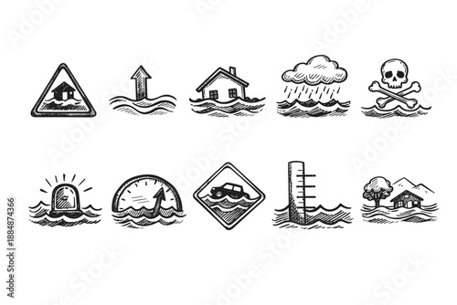 Flood safety sketch icon set. Emergency, disaster preparedness linear icons collection.