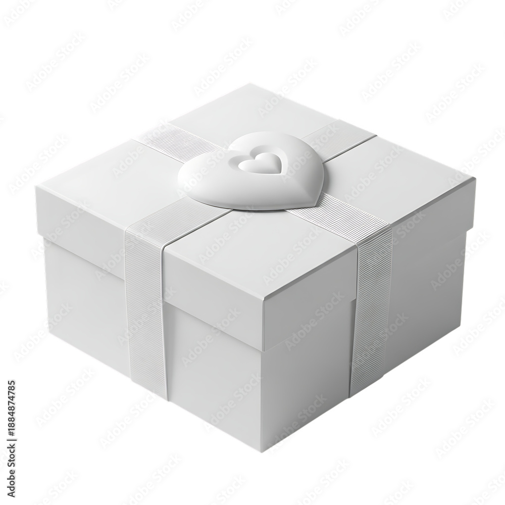 Fototapeta premium White Gift Box with Heart Decoration and Ribbon present isolated on a transparent background
