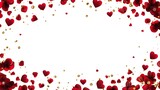 Elegant valentine's day backdrop features floating red hearts, rose petals, and shimme golden beads scattered on a clean, bright, white background for love.