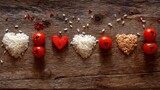 Arranged on a rustic wood surface are heart shapes made of rice and grain, interspersed with vibrant red tomatoes, creating a visually appealing food still life.