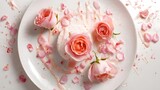 Delicate pink roses adorn a creamy white dessert, drizzled with a sweet sauce, artfully arranged on a white plate, creating an elegant and floral presentation.