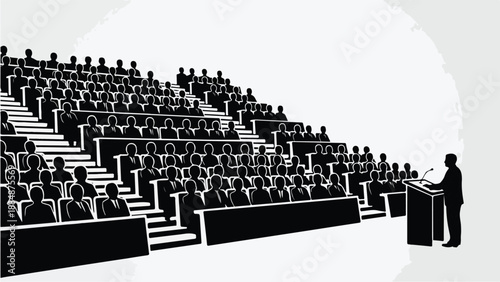 Auditorium interior with audience and speaker sketch