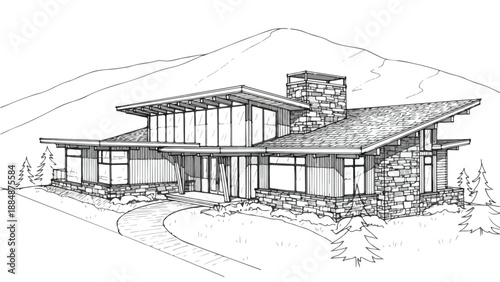 Rustic mountain lodge with large stone chimney