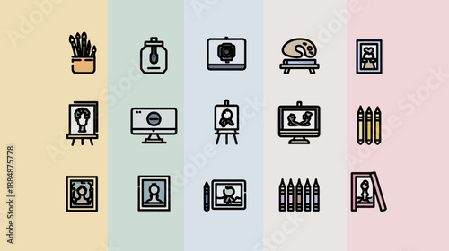Art and Creativity Vector Icons Set featuring Painting, Drawing, Digital Art Tools, Easels, Brushes, and Sculpture