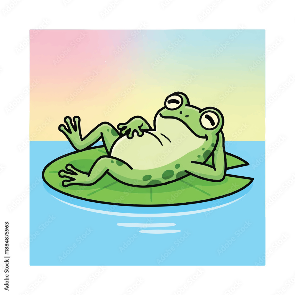 Obraz premium Cartoon Frog Relaxing on Lily Pad.
