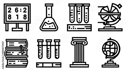 Education and Science Line Icons Set: Blackboard, Test Tubes, Books, Globe, History, Research, Academic Symbols.