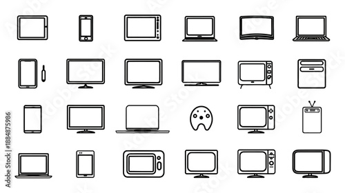 Modern and retro electronic device outline vector icons set. Includes smartphones, tablets, laptops, monitors, TVs, and game controllers.