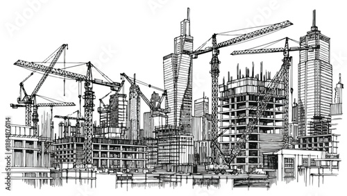 High rise building construction site with cranes