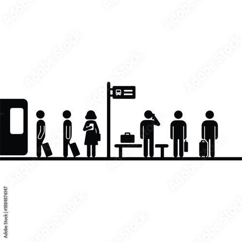 People waiting at a train station platform with luggage and a bench viewed from the side