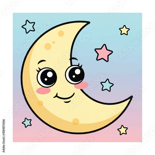 Cute Cartoon Crescent Moon with Stars.
