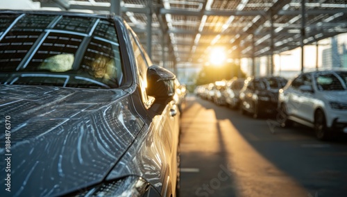Cars in a parking garage during sunset.