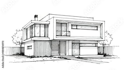Modern suburban villa with two car garage sketch