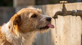 Thirsty stray dog drinking water from an outdoor faucet, highlighting hydration and water scarcity