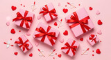 Pink gift boxes with red ribbons and hearts for Valentine's Day