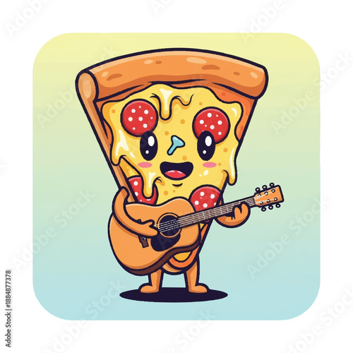 Cartoon Pizza Slice Character Playing Guitar 1.
