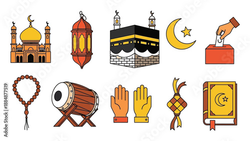Islamic symbols and objects for ramadan and eid celebrations on white background