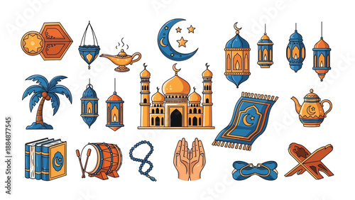 Ramadan kareem islamic symbols and objects on white background