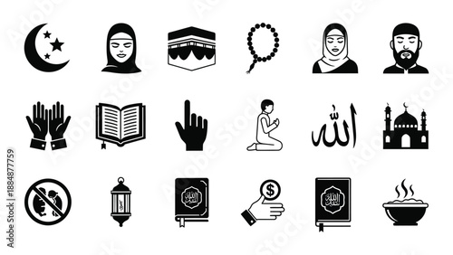 Islamic symbols and icons set including mosque crescent moon prayer and quran