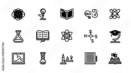 Science and Education Vector Line Icons Set. Research, Laboratory, Chemistry, Physics, and Academic Symbols Collection.