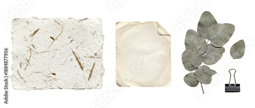 Photos Set of handmade fiber paper aged sheet dried eucalyptus leaves and a black binde