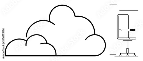 Cloud computing, workplace innovation, digital transformation, technology services, remote work, business solutions. A cloud icon and office chair in a clean minimalistic design. Cloud computing