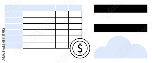 Data table highlighted with dollar badge near equality sign and cloud. Ideal for finance, data analysis, budgeting, online calculation, technology, cloud services, digital transformation. Simple flat